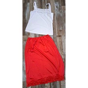 Womens Y2K Lingerie Red Slip White Cami Lot Nylon Sexy Pinup Flirty Medium